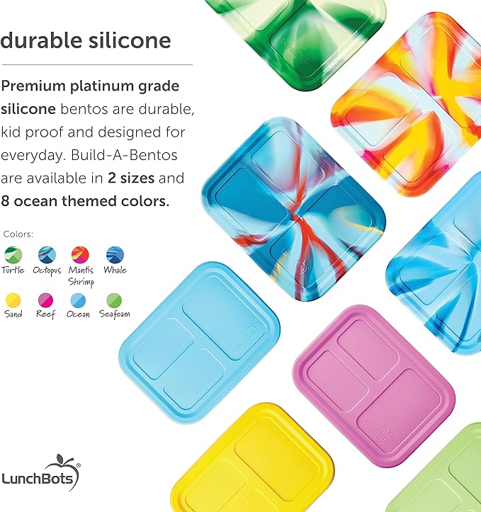LunchBots Build -a- Bento Lunch Box, Silicone Bento Box for Kids, Multi-Compartment Lunch Container, Oven & Dishwasher Safe, BPA Free, 32 oz - Tie Dye Dark Blue