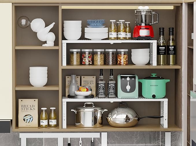 Adjustable Expanable Stackable Spice Rack Shelf Pantry Storage Organizer for Kitchen Cabinet,Countertop,Bathroom and More.Space is no Longer Limited(2Packs/White/Medium)