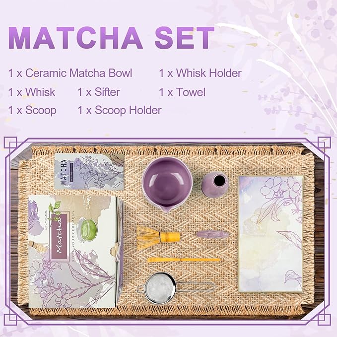 Matcha Set–7-Piece Set Including Matcha Bowl with Spout, Whisk, Chasen Holder, Sifter, Bamboo Scoop with Stand, wood spoon(Cherry Blossom Purple)–Perfect for Matcha Lovers&Tea Ceremonies