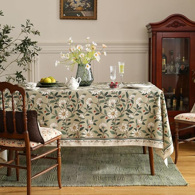 ISAENNE Designer Green Linen Table Cloth Rectangle,Floral French Country Indoor Tablecloth,Stain Resistant Home Decor Tablecloths for Dining Kitchen Thanksgiving Party,55"*79"-Brune