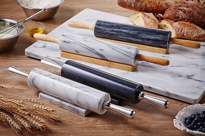 JEmarble Rolling Pin-Wooden Handles(Black)(Premium Quality) Polished Surface 18-inch(10"Barrel) Genuine Stone Non-stick Save Effort Easy to Clean