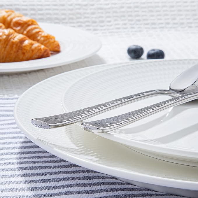 KINGSTONE Hammered Silverware Set, Flatware Set, 18/10 Stainless Steel Premium Cutlery with Unique Ripple Handles Design Mirror Polished - Dishwasher Safe (60-Piece)