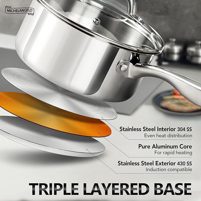 MICHELANGELO 3 Quart Saucepan with Lid, 18/10 Stainless Steel Sauce Pan with Tri-Ply Bottom, 3QT Sauce Pot, Induction Compatible