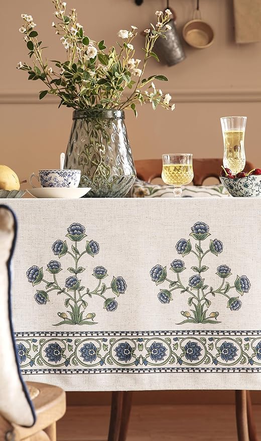 patdrea Designer Linen Vintage Blue Rectangle Tablecloth,Leaves Pattern Anti-Wrinkle Floral Extra Long Table Cloth,French Table Cover for Kitchen Dining,Thanksgiving,Party,63"x110"-Ivar B