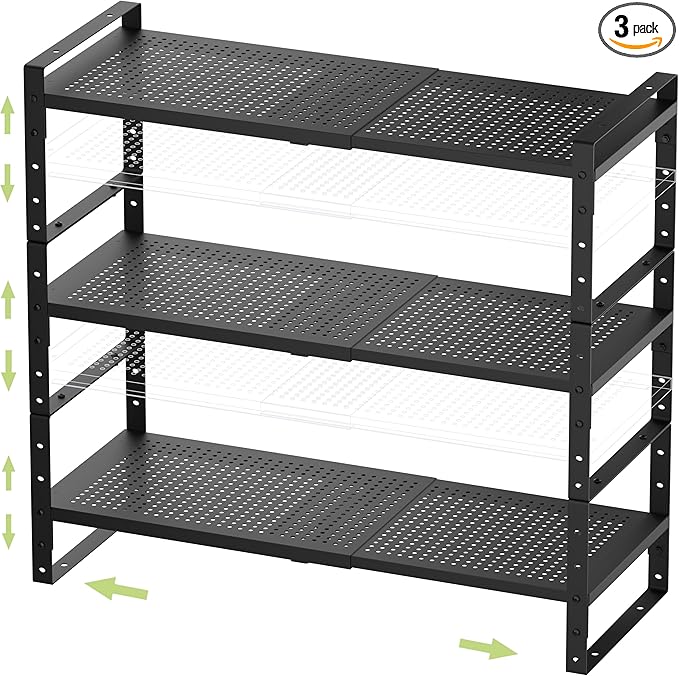 Expandable Stackable Aadjustable Shoe Rack Pantry Shelf for Kitchen Cabinets Counter Shelves Countertop Cupboard Storage Solution,Sturdy Heavy-Duty Metal Construction(3Packs/Black/Large)