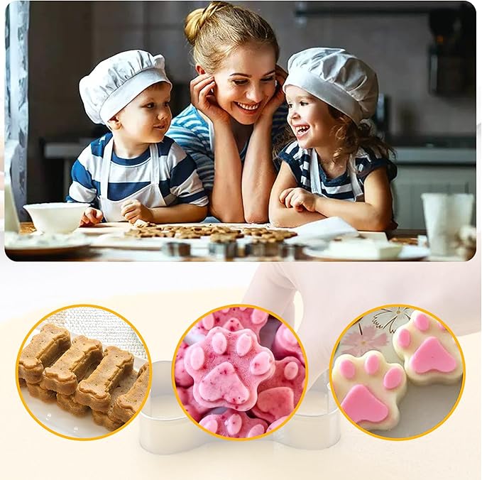 Silicone Molds Puppy Dog Paw & Bone Shaped 2 in 1 and Stainless Steel Cookie Cutter,for Homemade Treats Cat Animal Ice Candy Chocolate Baking Mold(Blue&Green&Orange) (Blue&Green&Orange)