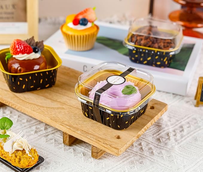 50 Pack Mini Cake Pans with Lids and Spoons Aluminum Foil Pans Square Cake Tins for Bakery Party Wedding (Black Gold Spot,5 oz)