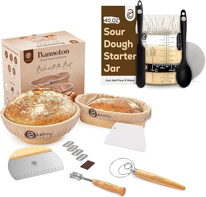 Sourdough Bread Baking Supplies and Starter Kit - Ultimate Bread Making and Sourdough Starter Kit with Proofing Baskets, Sourdough Jar, Bread Lame, Scrapers, and Danish Whisk