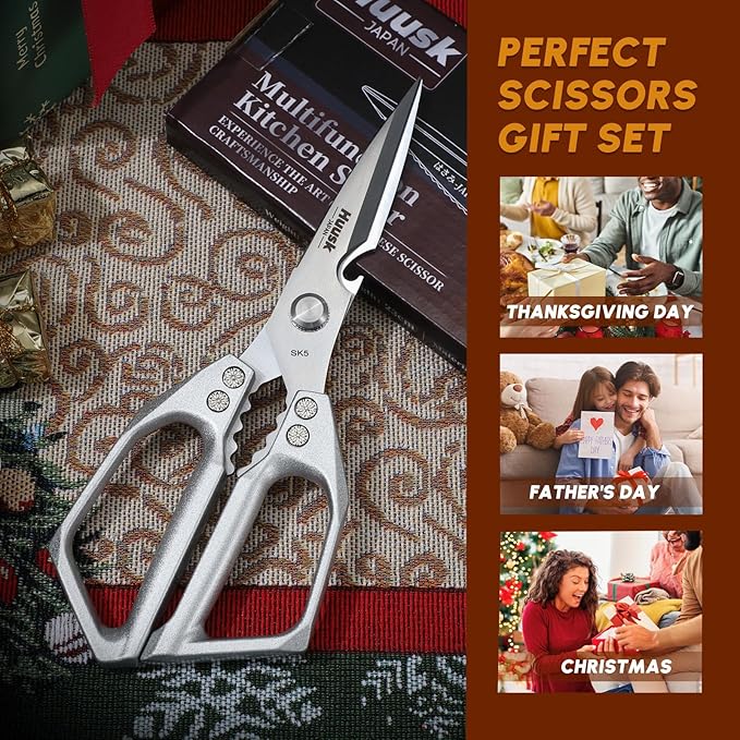 HUUSK Kitchen Scissors All Purpose - Stainless Steel Kitchen Shear, Sharp Silver Meat Scissors Dishwasher Safe, Heavy Duty Poultry Shears, Japanese Cooking Scissor for Food, Christmas Gifts for Women