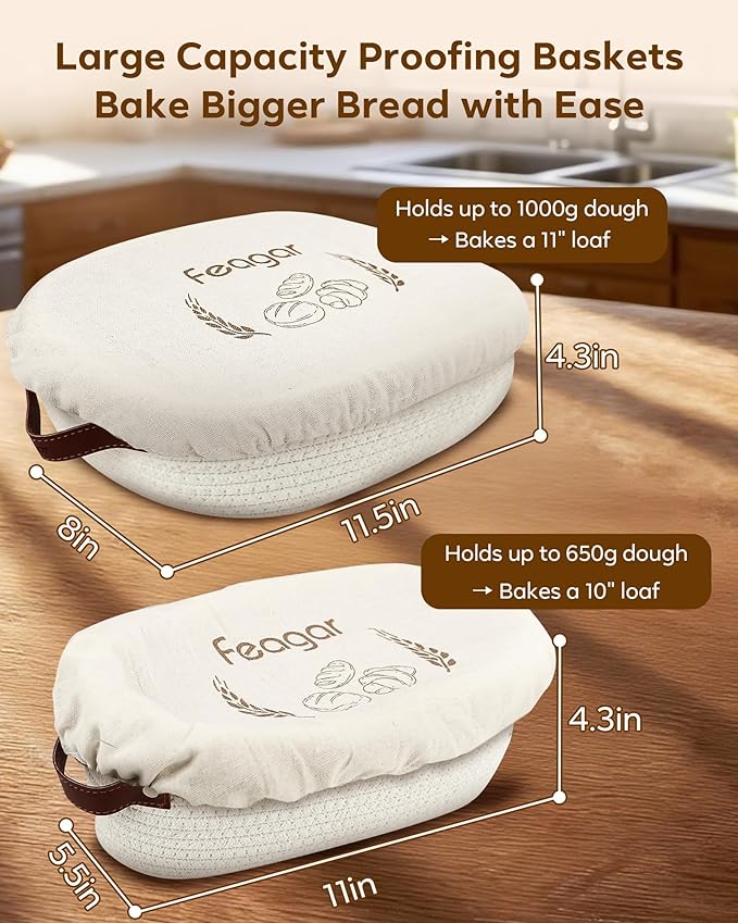 Feagar Banneton Bread Proofing Basket Set - 2 Pack Oval Cotton Rope Bread Basket with Liners, Covers & Proofing Cloth for Artisan Bread Baking, Sourdough Bread Baking Supplies