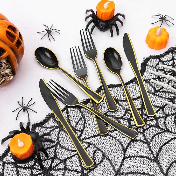 WDF 180 Pieces Black and Gold Plastic Silverware -Halloween Black Plastic Cutlery Incluede 60 Forks 60 Knives 60 Spoons Heavy Duty Disposable Flatware - Gold Utensils for New Year/Party/Daily Use