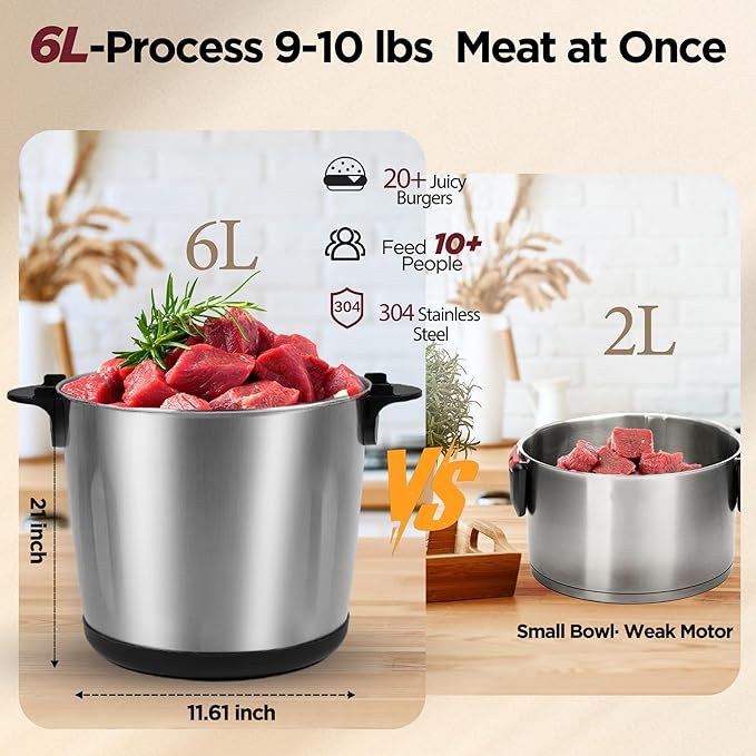 Large Food Processor Meat Grinder - Electric Chopper for Ice,Yam,Vegetable&Food Blender,1200W Powerful Copper Motor - Includes 3 Sets of Bi-Level Blades and 1Bowl 25Cup/6L