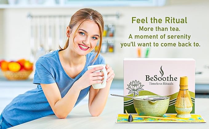 BeSoothe Matcha Whisk Set - Premium Matcha Set 7 Pcs - Ceremony Matcha Powder Kit - Matcha Tea Set for Making Latte - Matcha Whisk Set and Bowl with Scoop&Sifter, Ceramic Bowl - Gift for Matcha Lovers