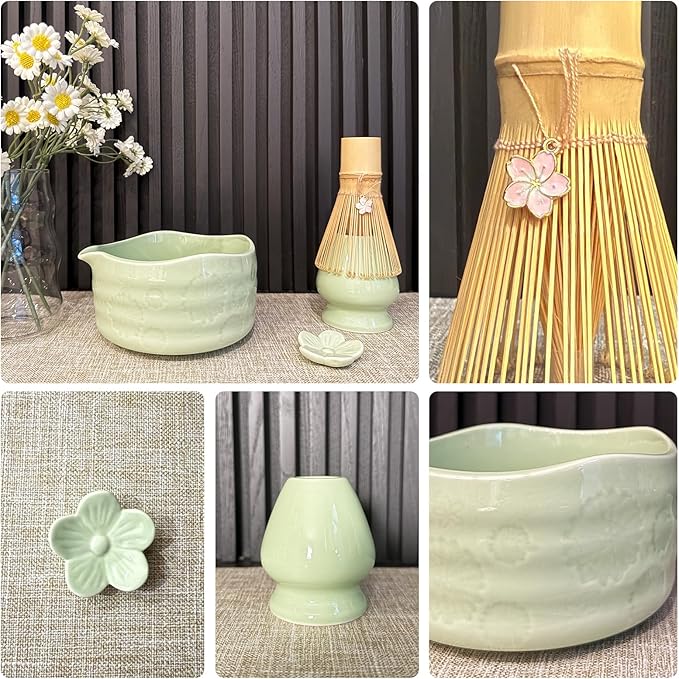 Matcha Set–7-Piece Set Including Matcha Bowl with Spout, Whisk, Chasen Holder, Sifter, Bamboo Scoop,Scoop Stand,wood spoon(Daisy Green)–Perfect for Matcha Lovers&Tea Ceremonies