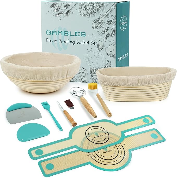 Sourdough Bread Baking Supplies Set, 10 Inch Oval Brotform & 9 Inch Round Banneton Bread Proofing Baskets with Linen Liner, Sourdough Starter Kit, Natural Rattan Shape Dough Proofing Bowl