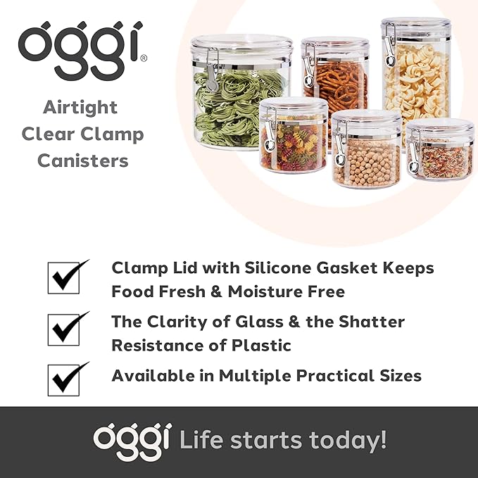 Oggi Jumbo Clear Canister with Clamp Lid, 150 oz - Airtight Food Storage Container, for Kitchen & Pantry Storage of Bulk, Dry Foods Including Pasta, Flour, Sugar, Coffee, Rice, Tea, Spices & Herbs