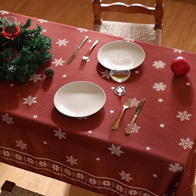 ISAENNE Designer Christmas Red Small Rectangular Tablecloth,Linen Table Cloth with Snowflakes Pattern,Wrinkle Resistant Decor Tablecloths for Dining Kitchen Thanksgiving Christmas,55"*71"-Carol C