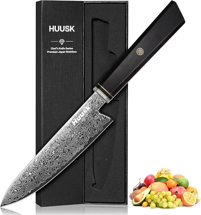 Huusk Damascus Utility Knife Japanese - 5.5 inch Handcrafted VG10 Paring Knife, Small Chef Knives with Ergonomic Wooden Handle, Versatile Kitchen Knives for Vegetable Fruit Meat, Birthday Dad Mom Gift
