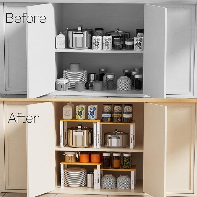Adjustable Storage Shelves for Kitchen Cabinet Organization - Set of 2 Stackable Metal & Solid Wood Racks, Space-Saving Design for Countertop/Pantry/Garage, Easy Assembly(2 Packs/Medium/White)