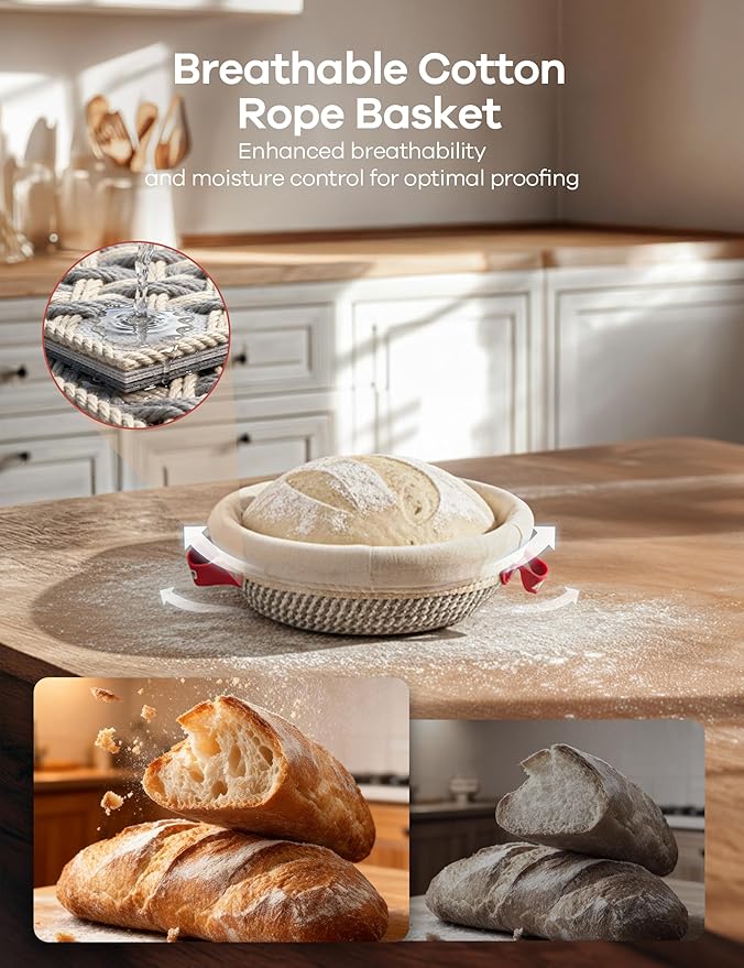 Ganiza Sourdough Starter Kit, Cotton Rope Sourdough Bread Baking Supplies, 9'' Round & 10'' Oval Banneton Basket with Liners & Covers, Sourdough Proofing Basket Kit Gifts for Bakers Women Wife Mom