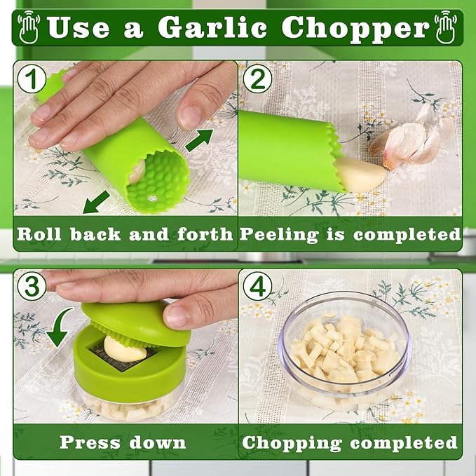 Garlic Press Stainless Steel, Garlic Mincer Tool with Storage Container, Garlic Chopper with Peeler Skin and Cleaning Brush