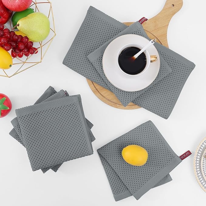 Homaxy 100% Cotton Waffle Weave Kitchen Dish Cloths, Ultra Soft Absorbent Quick Drying Dish Towels, 12 x 12 Inches, 8-Pack, Grey