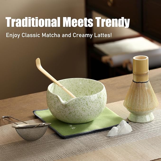 Matcha Whisk Set, Ceramic Matcha Set with Spout, Matcha Bowl Kit with Sifter, Whisk and Holder, Bamboo Scoop, Scoop Rest, Tea Towel, 7 Pcs Matcha Kit Set for Making Breakfast/Latte for Matcha Lovers