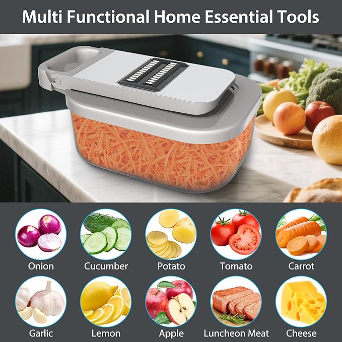 11-in-1 Mandoline Slicer for Kitchen, Food Chopper with Container, Vegetable Dicer Onion Slicer, Veggie Cutter for Fruit Salad Kitchen Gadgets Essential Tools (Grey)