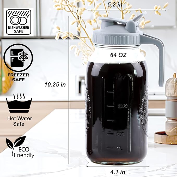 Cold Brew Coffee Maker 32 Oz Mason Jar Cold Brew Pitcher With Strainer 1 Quart Wide Mouth Glass Iced Coffee Maker With Spout Lids Glass Pitcher For Fridge, Sun Tea, Lemonade, Cold Brew