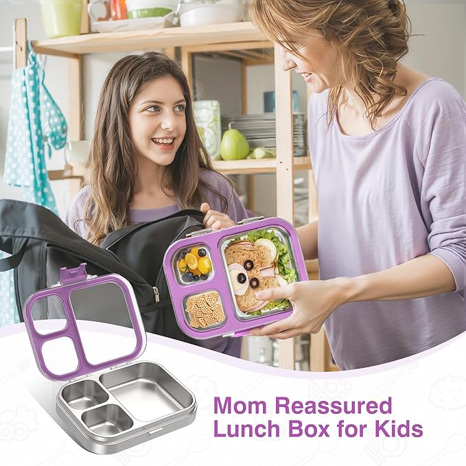 Stainless Steel Lunch Box: Metal Bento Box for Kids Adults - 3 Compartments Leak-Proof Lunch Box, Purple