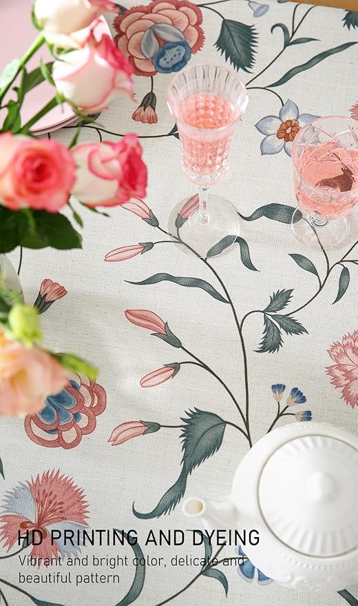 ISAENNE Designer Chinoiserie Linen Floral Long Tablecloth Rectangle,White Wrinkle Resistant Table Cloth,Elegant Decor Tablecloths for Dining Thanksgiving Kitchen Party Christmas,63"*94"-Daffy