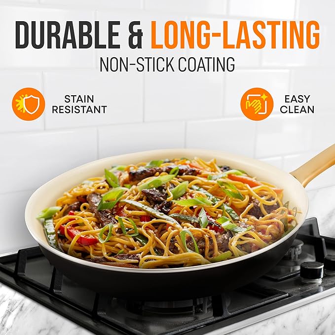 NutriChef 8” Small Fry Pan - Professional Home Cookware Small Skillet Nonstick Frying Pan with Golden Titanium Coated Silicone Handle, Ceramic Coating, Stain-Resistant And Easy To Clean