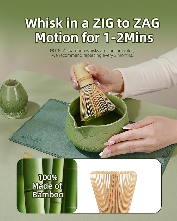 ZENS Matcha Whisk Set, 6Pcs Matcha Kit Set Includes Ceramic Bowl, Bamboo Whisk and Chasen Holder,Scoop, 304 Stainless Sifter & Tea Mat, Matcha Set for Tea Ceremony, Blue