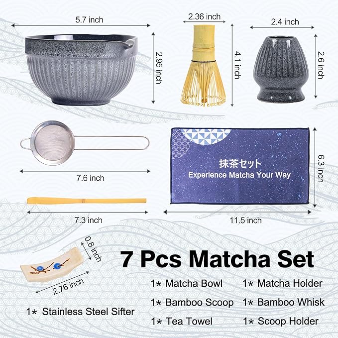 Matcha Whisk Set – Ceramic Matcha Bowl with Spout, Bamboo Whisk, Scoop, Ceramic Holders, Stainless Sifter, Towel,Perfect Matcha Starter Kit for Tea Ceremony, Japanese Tea Making Tools (Brown)