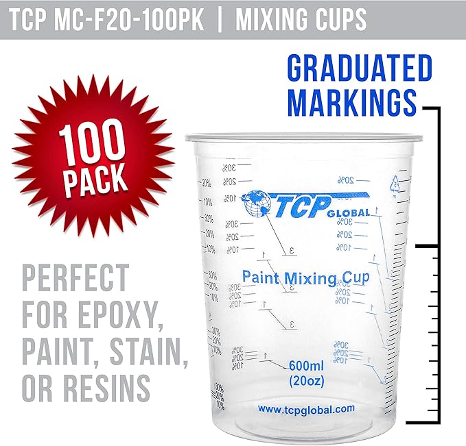 TCP Global 20 oz. (600ml) Graduated Plastic Mixing Cups - Box of 100 with 50 Mixing Sticks - Disposable Plastic Measuring Cups for Liquids, Paints, Resin, Epoxy, Art, Kitchen - Ratios 2-1, 3-1, 4-1 ML