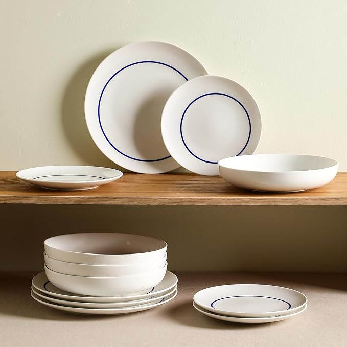 Stone Lain Luna 12-Piece Porcelain Dinnerware Set, Plates and Bowls Set, Dish Set for 4, Blue