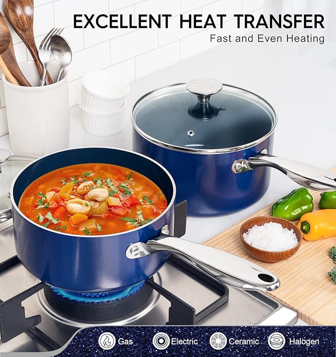 MICHELANGELO Sauce Pan with Lid, Ceramic Saucepan Set, 1.5Qt & 2Qt & 3Qt Sauce Pan Sets, Nonstick Saucepans with Lids, Small Pots with Stainless Steel Handle, Oven Safe, Blue