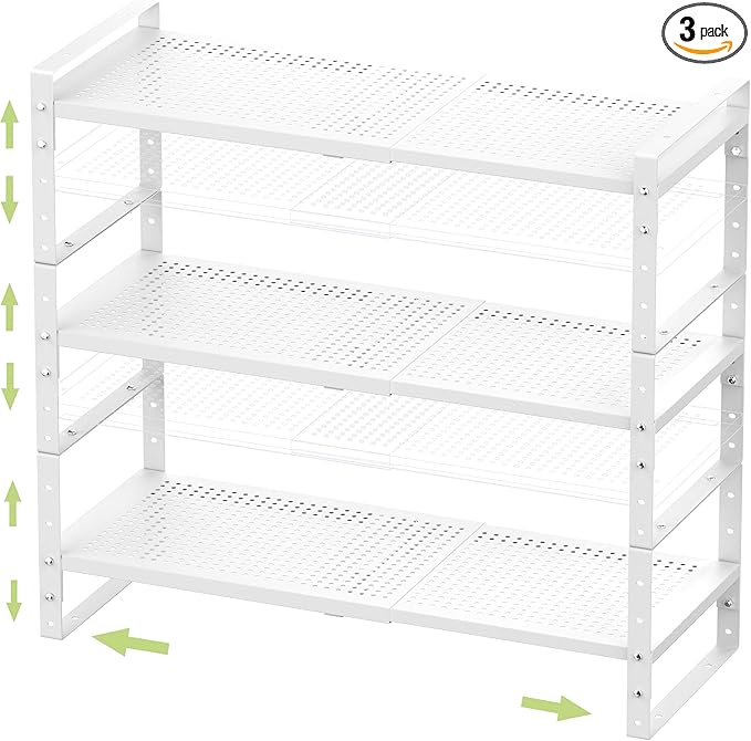 Expandable Stackable Aadjustable Shoe Rack Pantry Shelf for Kitchen Cabinets Counter Shelves Countertop Cupboard Storage Solution,Sturdy Heavy-Duty Metal Construction(3Packs/White/Large)