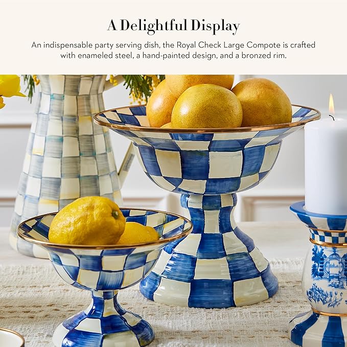 MACKENZIE-CHILDS Enamel Compote, Cute Enamel Pedestal Serving Dish or Decorative Bowl, Large, Blue-and-White Royal Check