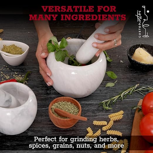 Gusto Nostro Natural Marble Mortar and Pestle Set | 6 Inch - 3.5 Cup Extra Large Mortar Pestle Set for Grinding Herbs, Nuts, Grains | Pesto Grinding and Guacamole Stone Bowl | Marble Spice Crusher