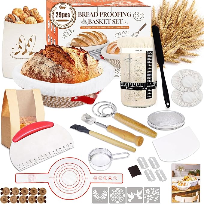 Sourdough Starter Kit, Sourdough Bread Baking Supplies, Cotton Rope Banneton Bread Proofing Basket Set with Sourdough Starter Jar for Bread Making Baking, Sour Dough Kit Tools Gifts for Bakers Women