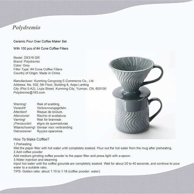 Pour Over Coffee Maker with 100 Sheets of V60 Paper Filter, 15 oz Ceramic Coffee Mug & Coffee Dripper, 1 Cup-Single brew coffee set, Grey