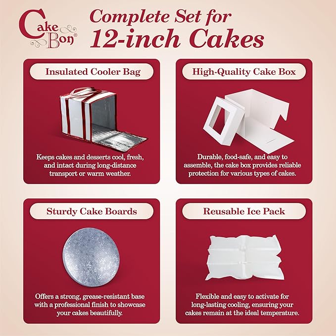 Cakebon Cake Box and Boards, 12-Inch Round Silver Smooth Edges 1/2- Inch Thick Drums with Insulated Bag and Ice Pack – Cake Transport Set, Cooler for Cake Delivery and Transport (1pc Each, 4pcs Total)