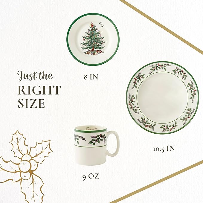 Spode Christmas Tree 12-Piece Dinnerware Set (Service for 4) - Festive Holiday Tableware with Plates & Mugs - Fine Earthenware Christmas Dinnerware - Microwave & Dishwasher Safe