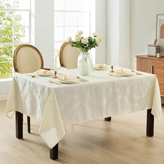 Newbridge Barcelona Luxury Damask Fabric Tablecloth, 70” Extra Wide x 144” Rectangle, Antique White, 100% Polyester, No Iron, Soil Resistant Dining Room, Party and Banquet Table Cover