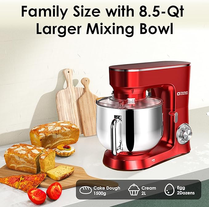 Kitchen in the Box Stand Mixer, 900W 8.5 QT Kitchen Electric Mixer, 10-Speed Large Capacity Tilt-head Food Mixer with Dough Hook, Wire Whip, Flat Beater & Splash Guard (Red)