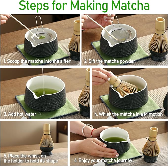 Matcha Whisk Set, Ceramic Matcha Set with Spout, Matcha Bowl Kit with Sifter, Whisk and Holder, Bamboo Scoop, Scoop Rest, Tea Towel, 7 Pcs Matcha Kit Set for Making Breakfast/Latte for Matcha Lovers