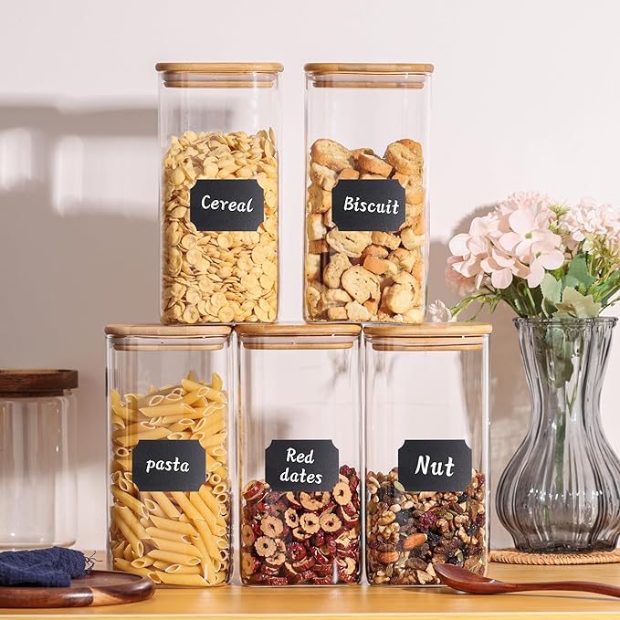Glass Storage Containers with Lids, Glass Jars with Bamboo Lids, Large Food Storage Jar, Sugar, Pantry Storage Container for Pasta Rice Flour Oats Nuts Tea Spice (Square 54oz 4pack)
