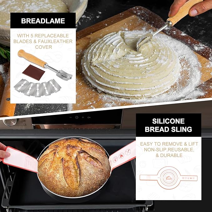 Sourdough Starter Kit, Baking Supplies Set with 2 Banneton Proofing Baskets, 24oz Sourdough Jar, Silicone Pastry Mat, Bread Sling and Essential Tools for Bread Making