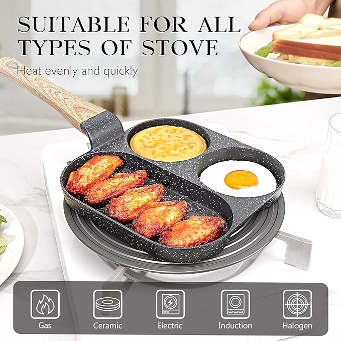 GiPP Non Stick Egg Pan - 3 Section Breakfast Frying Pan, 3-In-1 Divided Grill Pan with Heat-Resistant Handle, 7.9" Omelette Pan Compatible with All Stovetops, PFOA Free, Grey